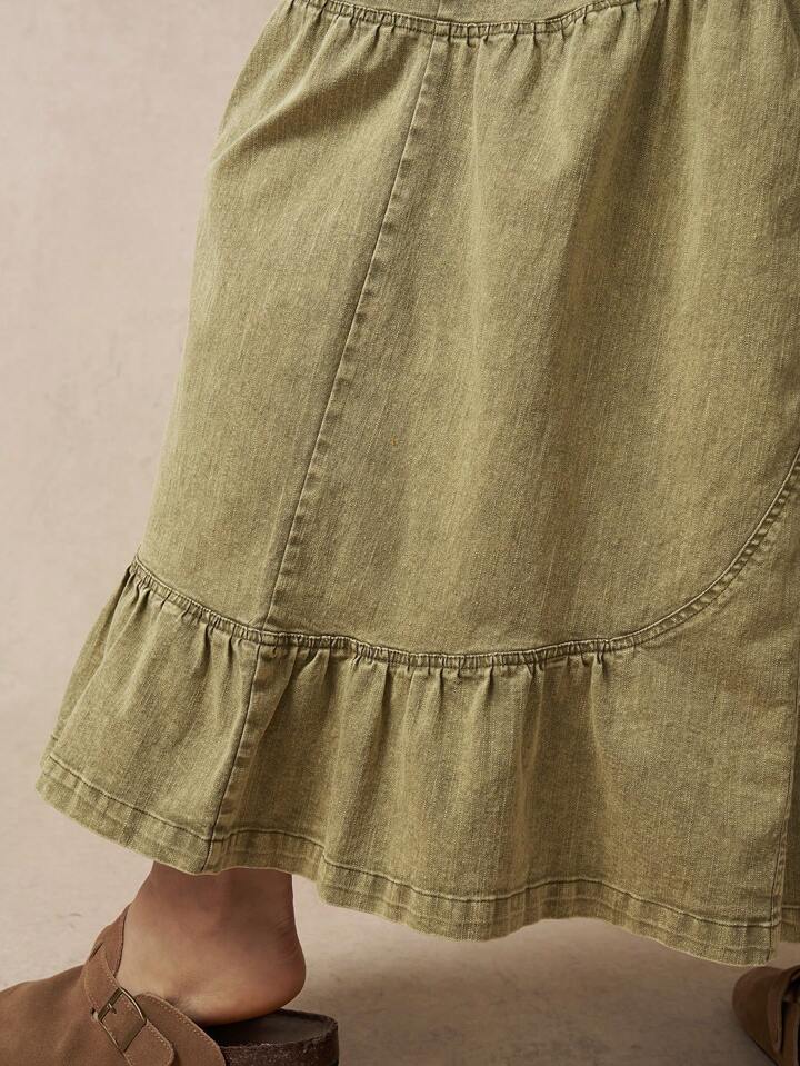 CM-BS377762 Women Casual Seoul Style Elastic Waist Wide Leg Denim-Look Pants - Green