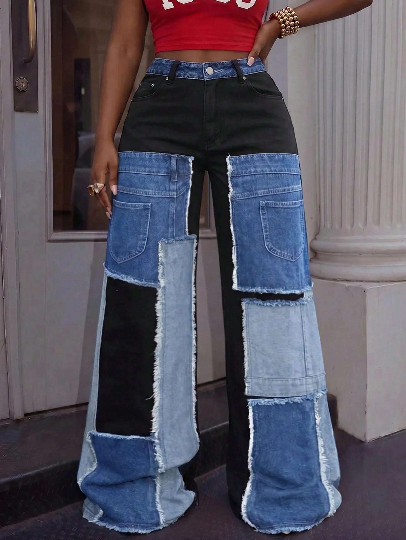 CM-BS132195 Women Casual Seoul Style Patchwork Low Waist Extra Long Wide Leg Denim Pants