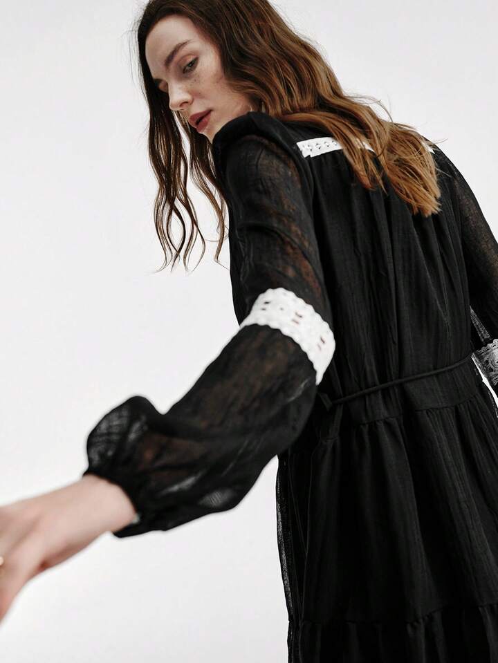 CM-DS567160 Women Casual Seoul Style Lace Contrast Color Chiffon Patchwork Lantern Sleeve Cinched Waist Cake Dress