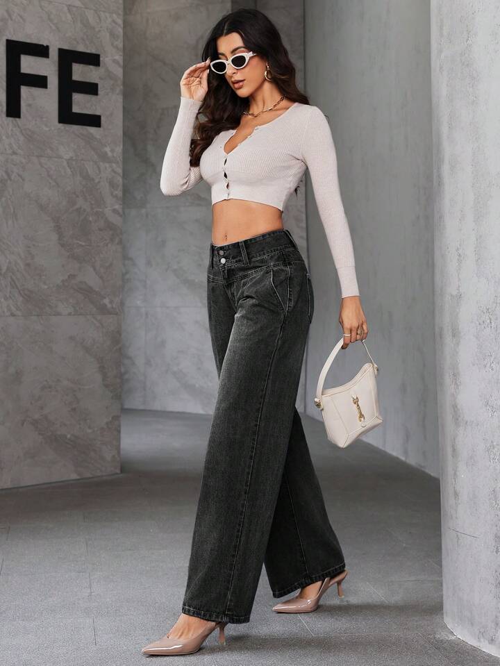 CM-BS372331 Women Casual Seoul Style Front Button Pocket Wide Leg Denim Jeans - Dark Gray