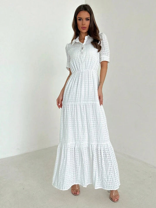 CM-DS955536 Women Casual Seoul Style Collared Waist-Tightening Design Bubble Sleeves Long Dress - White
