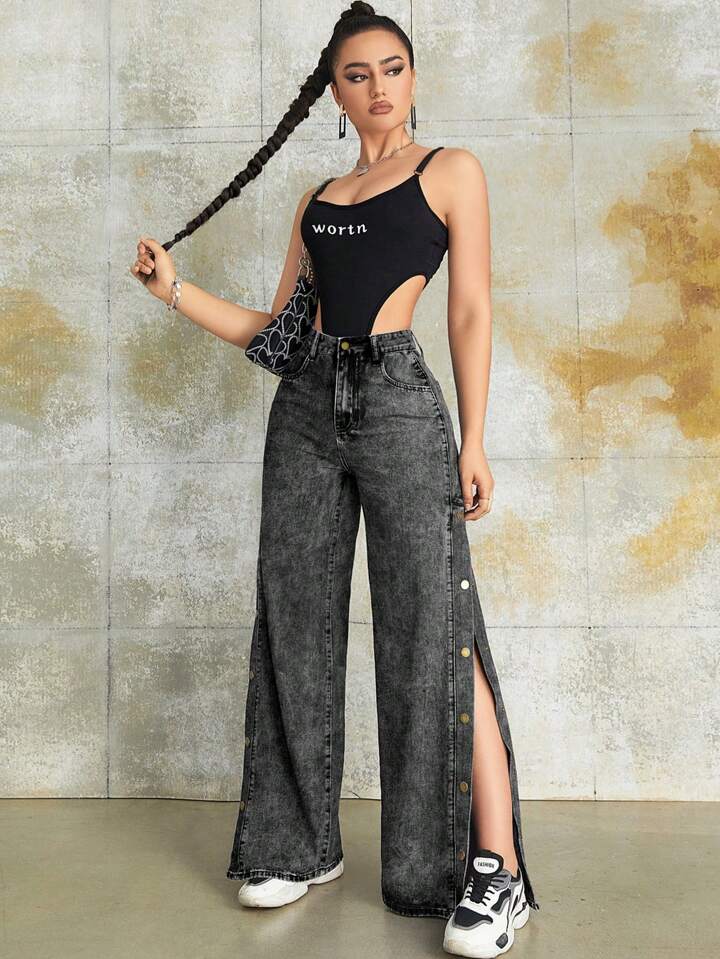 CM-BS145545 Women Vintage Seoul Style High Waist Metal Buckle Side Slant Pocket Wide Leg Jeans - Gray