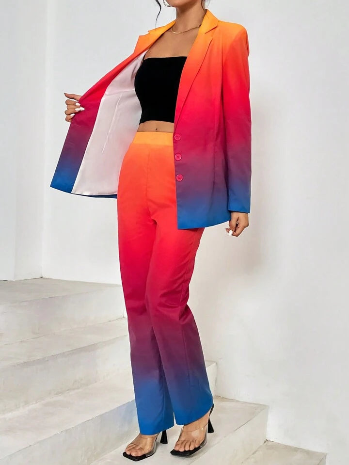 CM-SS080791 Women Elegant Seoul Style Ombre Single Breasted Blazer With Long Pants Suit