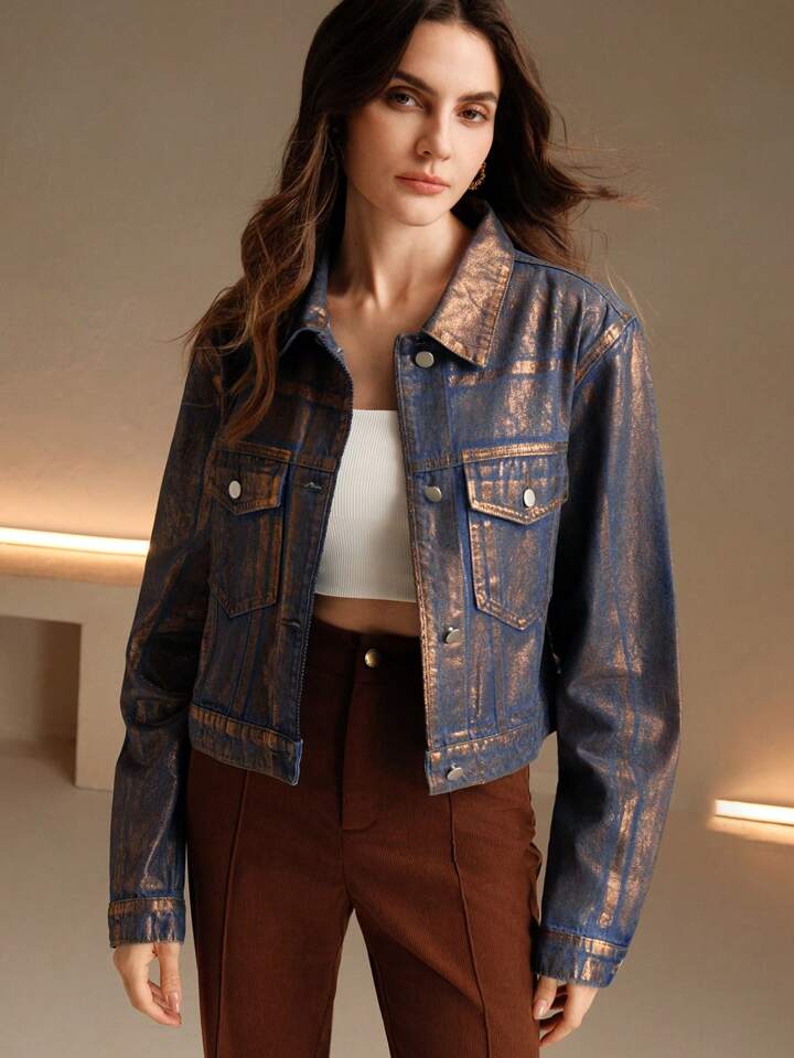 CM-CS152049 Women Casual Seoul Style Embossed Gold Foil Distressed Long Sleeve Denim Jacket