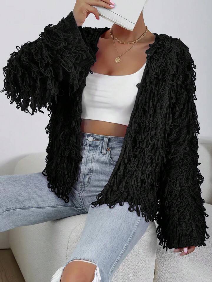 CM-CS561300 Women Casual Seoul Style Long Sleeve Shaggy Knit Duster Cardigan - Black