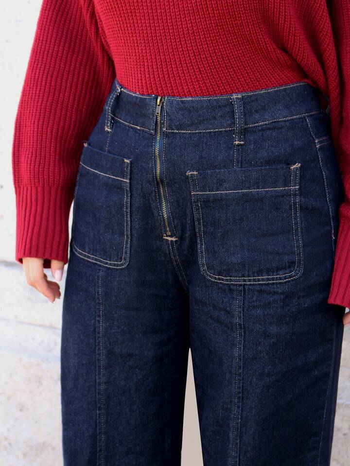 CM-BS261261 Women Casual Seoul Style High Waist Wide Leg Split Hem Denim Pants - Royal Blue