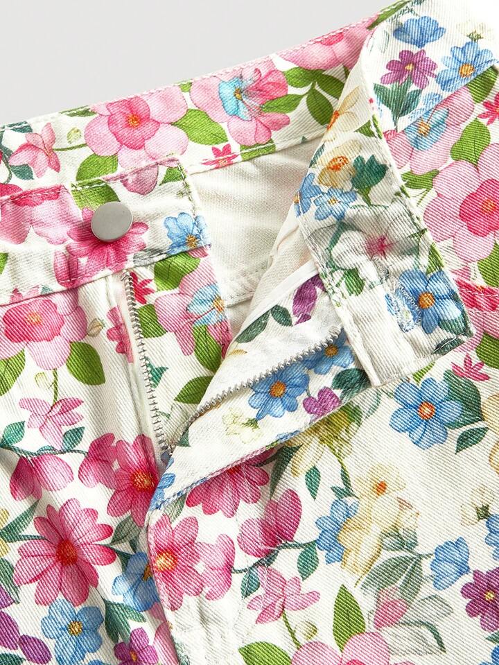 CM-BS267730 Women Casual Seoul Style Light Wash Floral Print Elastic Waist Wide Leg Jeans