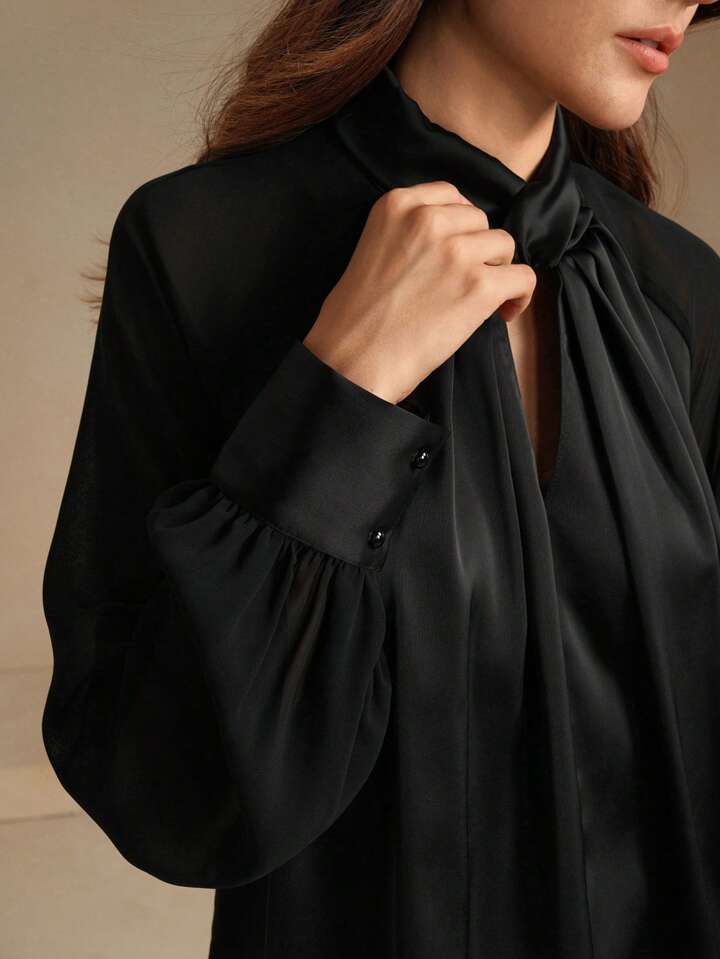CM-TS696092 Women Elegant Seoul Style Stand Collar Hollow Design Satin Long Sleeve Shirt - Black