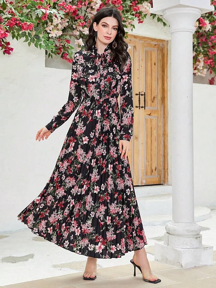 CM-DS652950 Women Trendy Bohemian Style Floral Print Long Sleeve Maxi Dress - Black