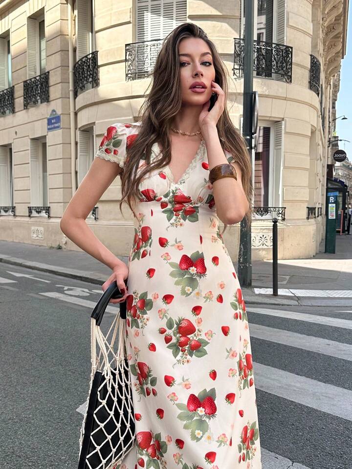 CM-DS583454 Women Casual Seoul Style Strawberry And Ditsy Floral V-Neck Puff Sleeve Midi Dress