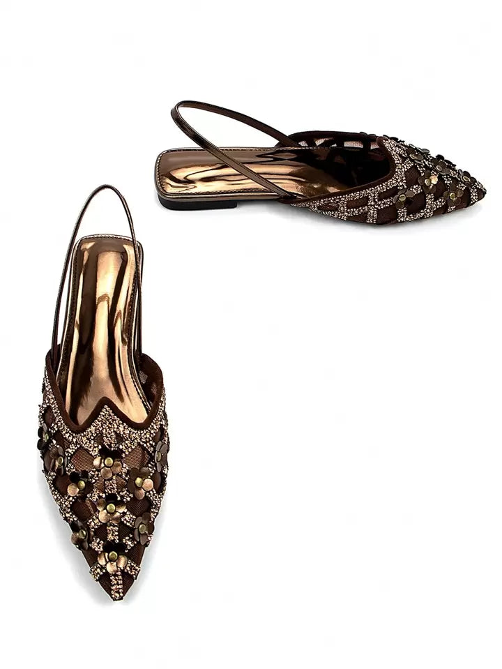 CM-SHS497798 Women Trendy Seoul Style Rhinestone And Rivet Embellished Floral Decor Pointed Toe Slingback Flat Sandals - Bronze