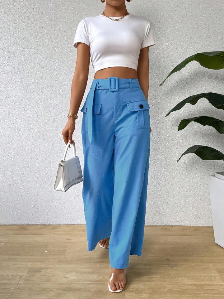 CM-BS942134 Women Casual Seoul Style Flap Pocket Buckle Belted Wide Leg Pants - Blue