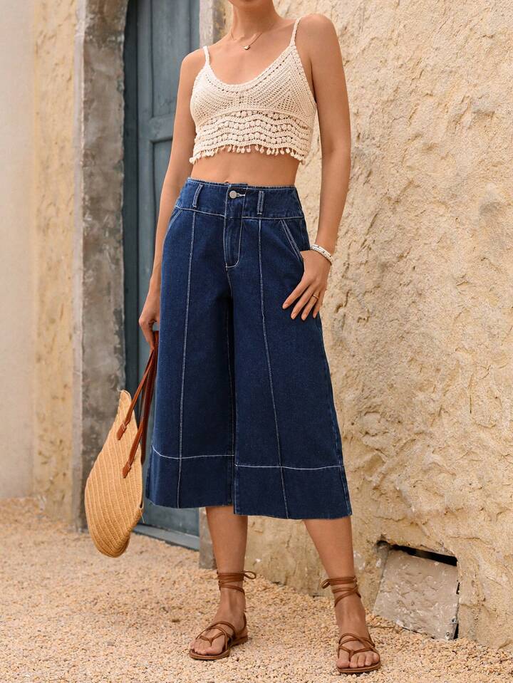 CM-BS880013 Women Casual Seoul Style Dark Wash Wide-Leg Mid-Calf Length Denim Pants