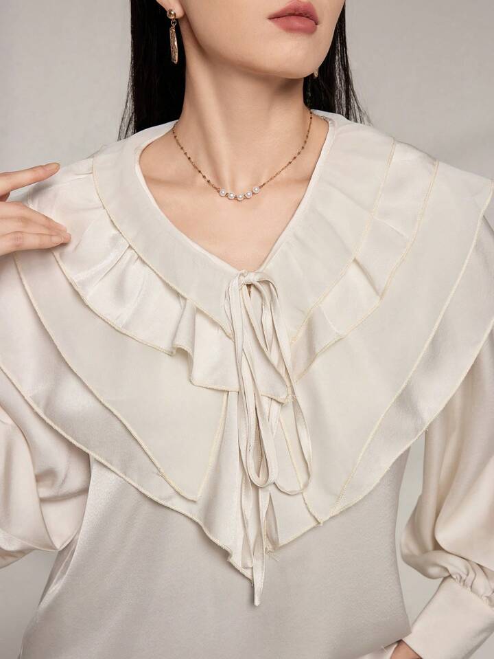 CM-TS880823 Women Elegant Seoul Style Flounce Collar Ruffle Trim Tied Chiffon Blouse - Apricot