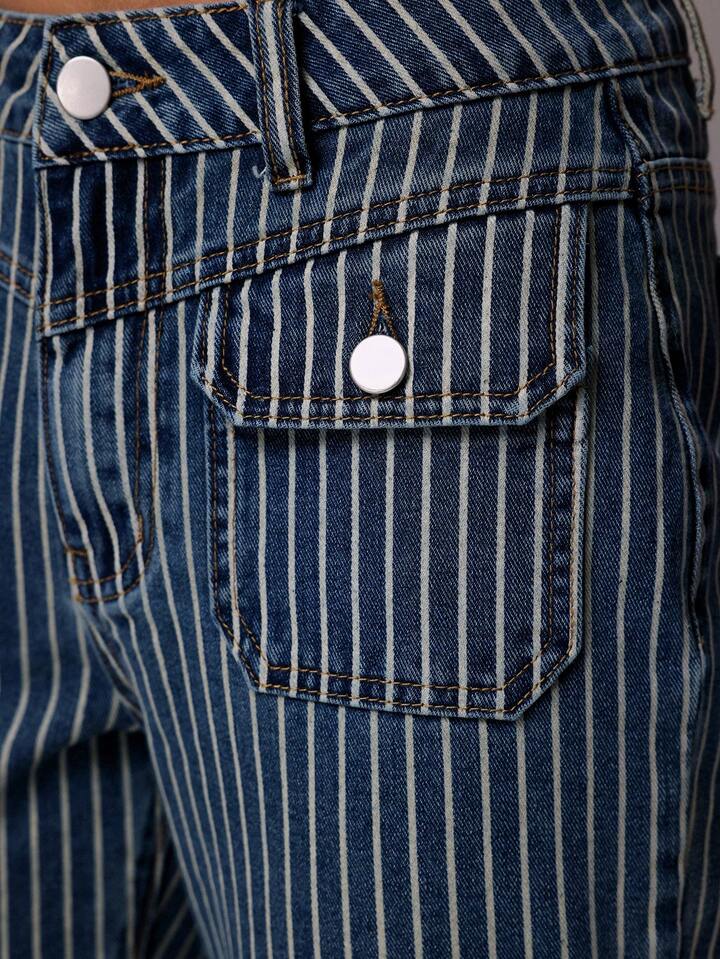 CM-BS658582 Women Casual Seoul Style Medium Wash Striped Patch Pocket Low Waist Flare Jeans