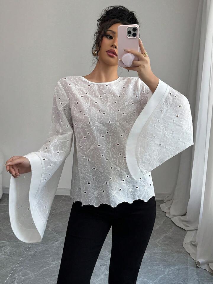 CM-TS905519 Women Casual Seoul Style Round Neck Exaggerated Flare Sleeve Embroidered Hollow Out Shirt