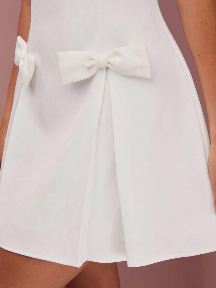CM-DS731183 Women Elegant Seoul Style Round Neck Short Sleeve Bow Decor Mini Dress - White