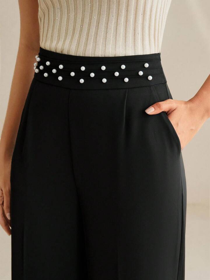 CM-BS108181 Women Elegant Seoul Style Beaded Mid Waist Wide Leg Pants - Black