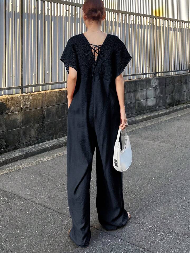 CM-JS657887 Women Trendy Bohemian Style V-Neck With Drawstring Jumpsuit Trousers - Navy Blue