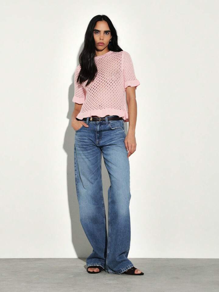 CM-TS524520 Women Casual Seoul Style Round Neck Ruffled Short Sleeve Frilled Edges Crochet Knit Top - Pink