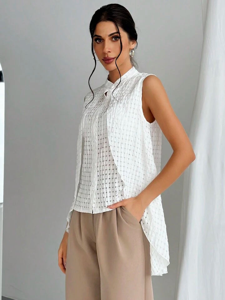 CM-TS158139 Women Casual Seoul Style Mandarin Collar Sleeveless Faux Two Pieces Shirt