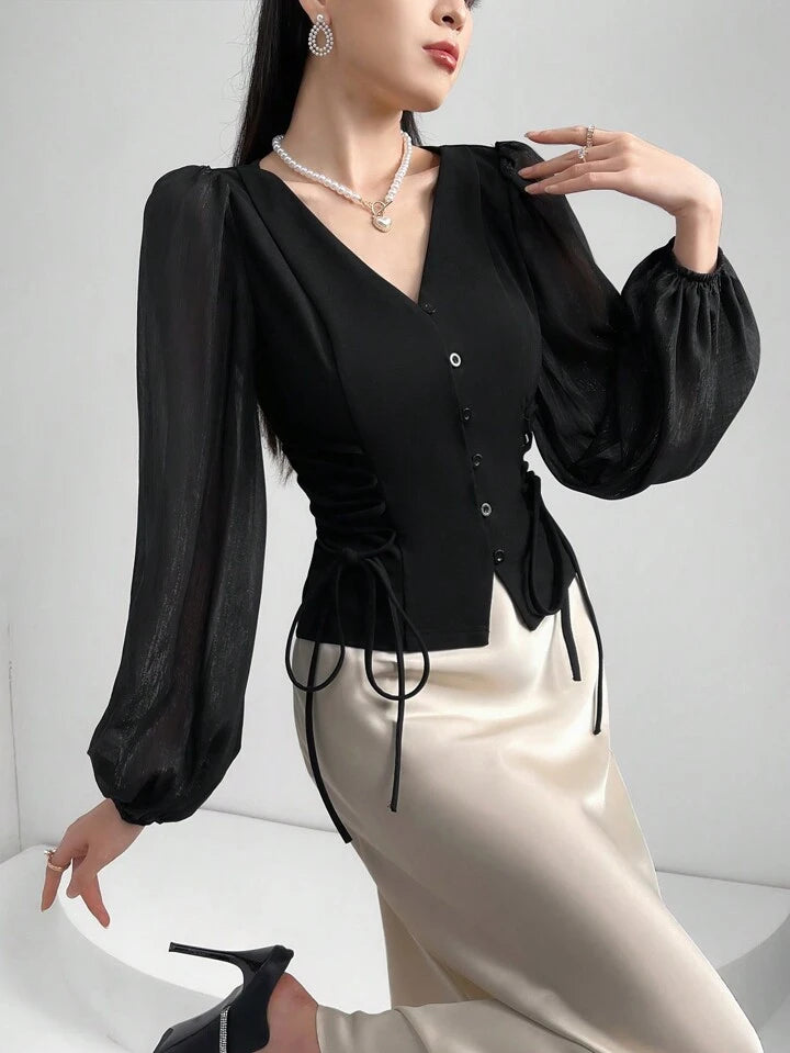 CM-TS854985 Women Elegant Seoul Style Sheer V-Neck Puff Lantern Sleeves Lace-Up Detail Blouse - Black