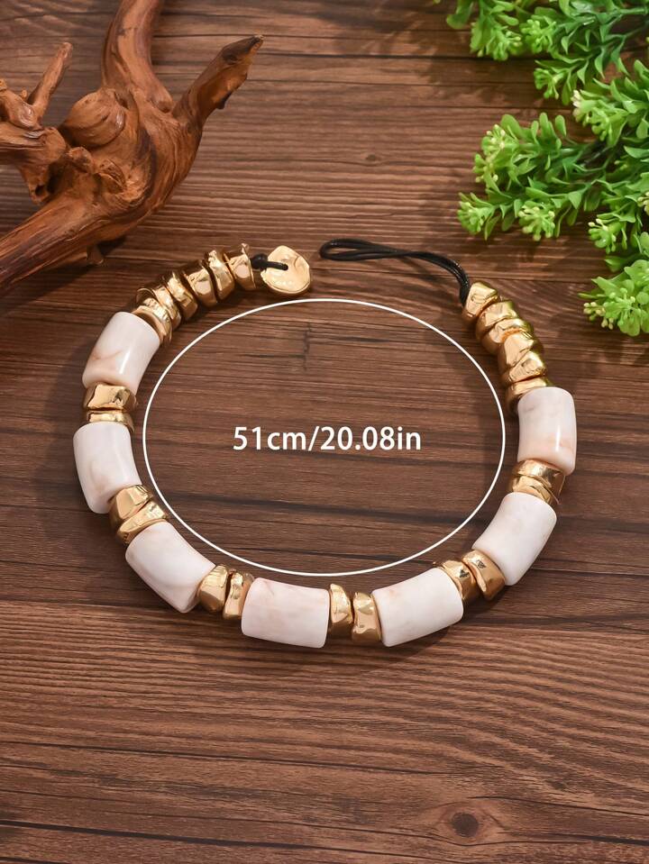 CM-AXS154588 Women Trendy Bohemian Style Jade Resin Bead Asymmetrical Golden Bead Necklace