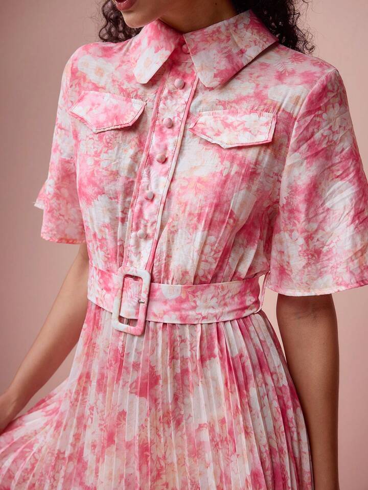 CM-DS632377 Women Elegant Seoul Style Floral Print Lapel Neckline Short Sleeve Belt Pleated Hem Dress