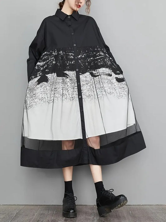 CM-DT134955 Women Elegant Seoul Style Square Neck Long Sleeve A-Line Tulle Mesh Dress