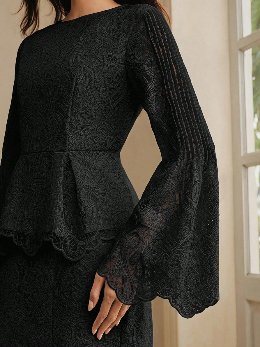 CM-TS175417 Women Elegant Seoul Style Round Neck Lace Bell Extra Long Sleeve Top - Black