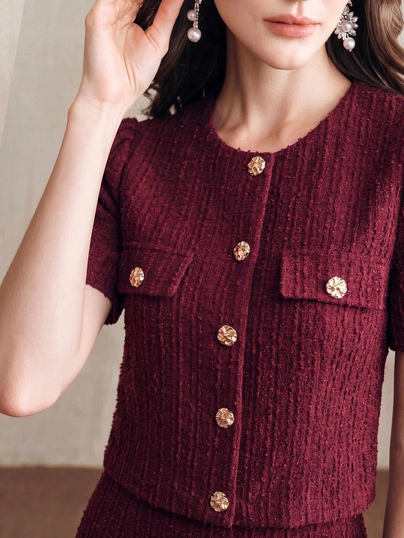 CM-SS503523 Women Elegant Seoul Style Round Neck Short Sleeve Button Decor Top With A-Line Skirt - Set