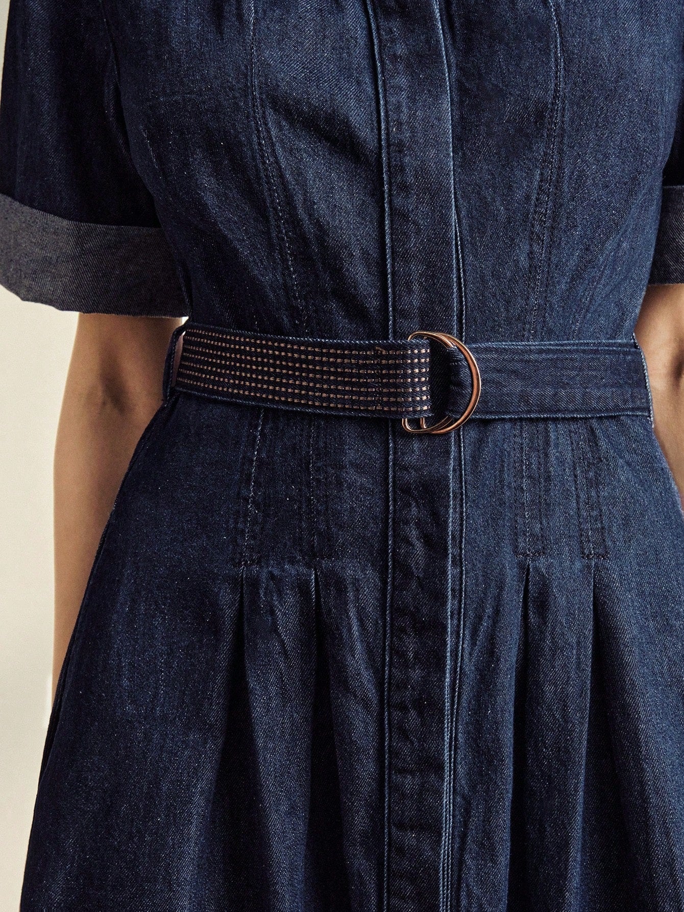 CM-DS464235 Women Elegant Seoul Style Collar Neckline Roll Up Sleeve High Waist Fitted Denim Dress - Blue