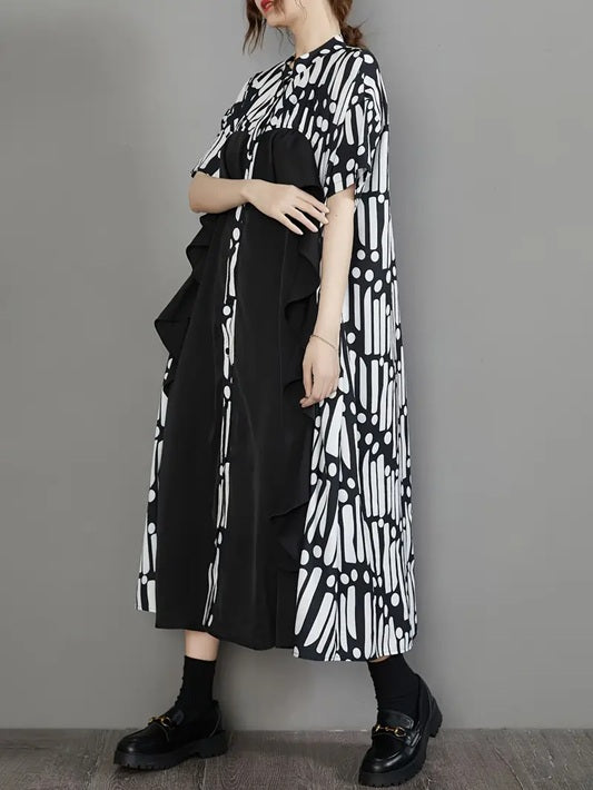 CM-DT232374 Women Casual Seoul Style Stand Collar Short Sleeve Ruffle Trim Color Block Loose Fit Dress