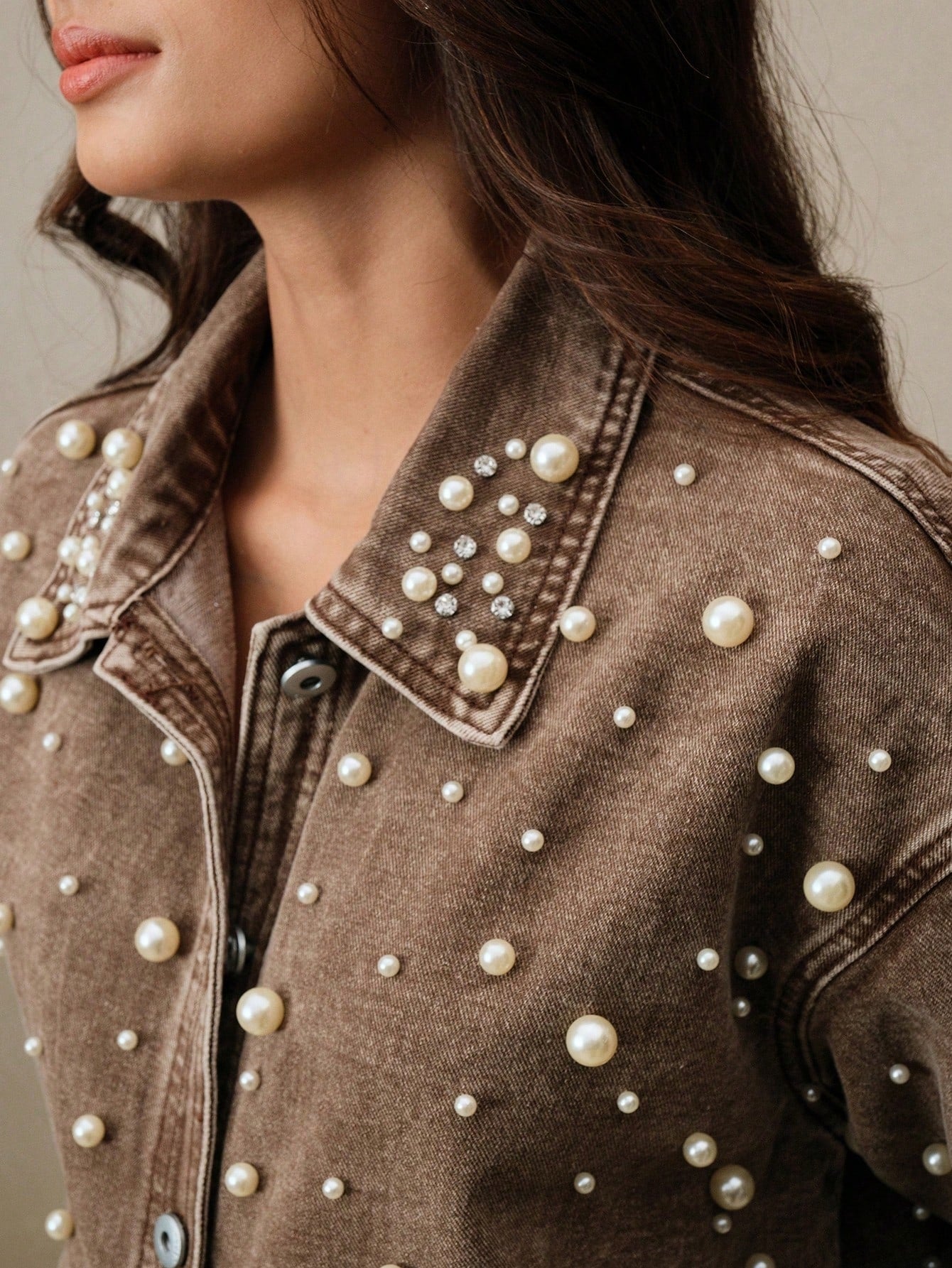 CM-CS541198 Women Elegant Seoul Style Collar Neckline Long Sleeve Rhinestone Embellished Long Denim Jacket - Brown