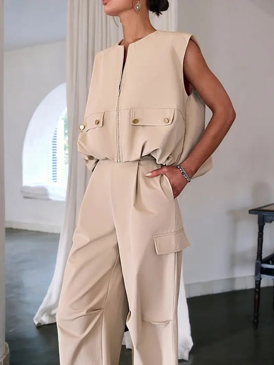 CM-ST460904 Women Elegant Seoul Style Solid Color Sleeveless V-Neck Button Details Drawstring Vest With Pants - Set