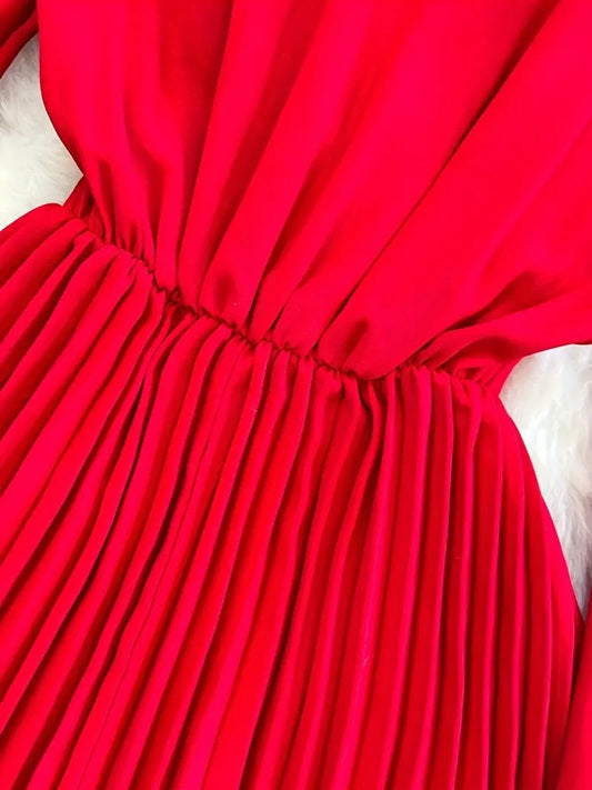CM-DT212875 Women Elegant Seoul Style Deep V-Neck Long Sleeve Flowy Belted Maxi Dress - Red