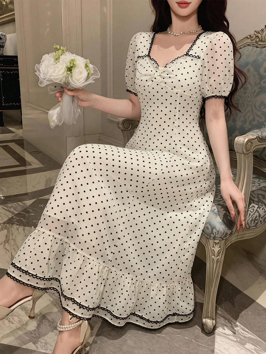CM-DS357054 Women Elegant Seoul Style Sweetheart Neckline Puff Sleeve Polka Dot Cinched Waist Mid-Length Dress