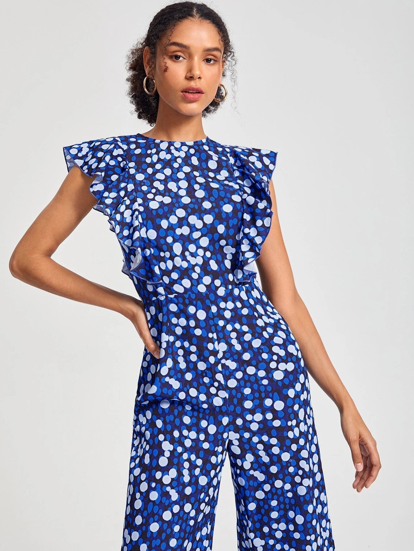 CM-JS040339 Women Casual Seoul Style Allover Print Ruffle Trim Wide Leg Jumpsuit
