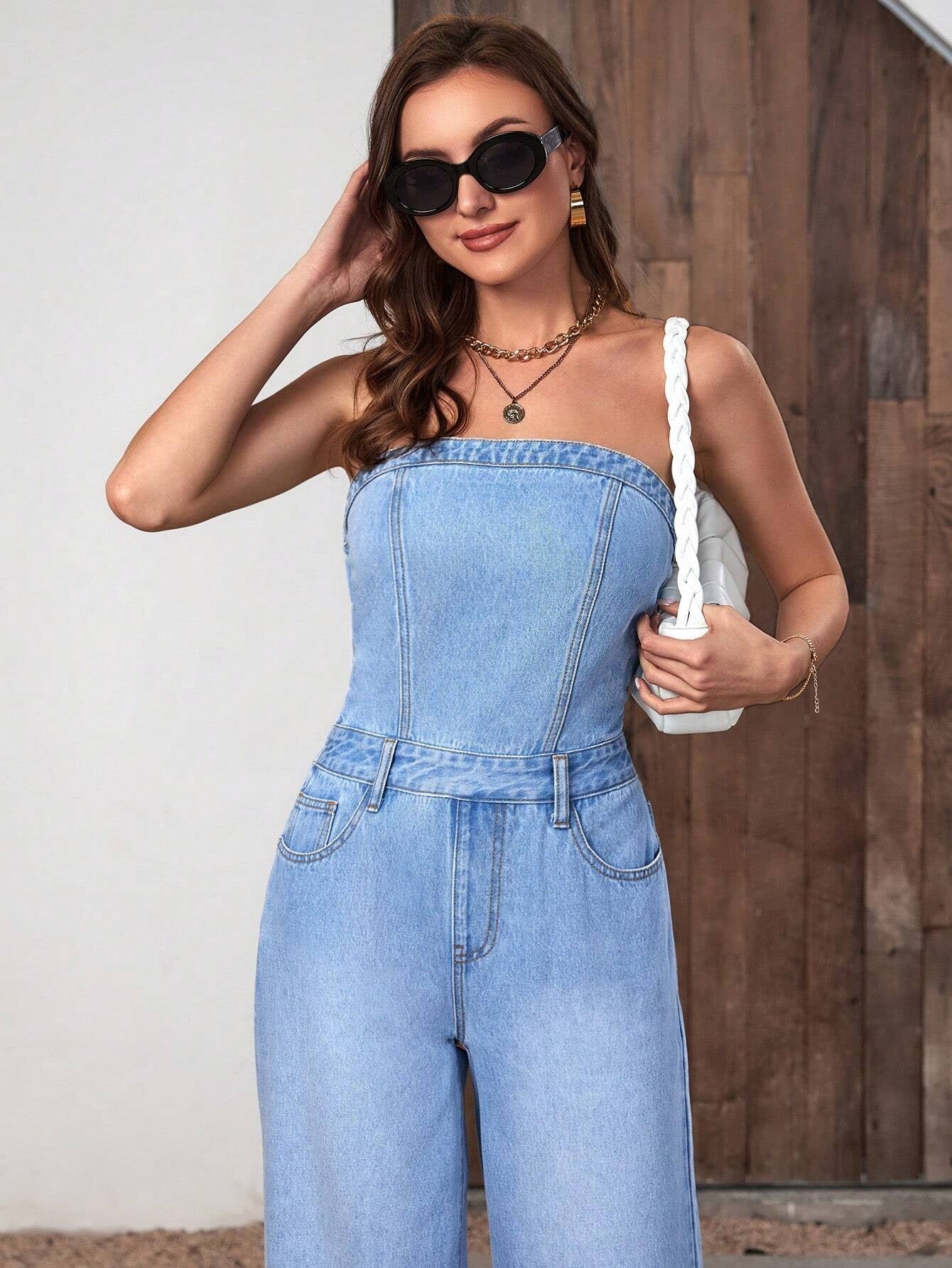 CM-JS226684 Women Casual Seoul Style Slant Pocket Tube Denim Jumpsuit - Blue