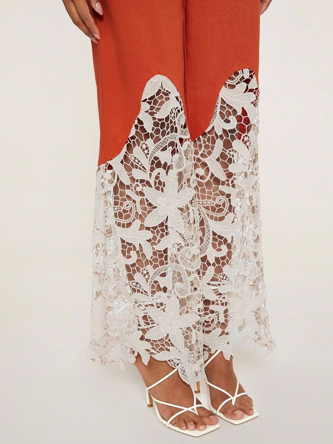 CM-BS331651 Women Elegant Seoul Style Contrast Lace Cut Out Waist Pants