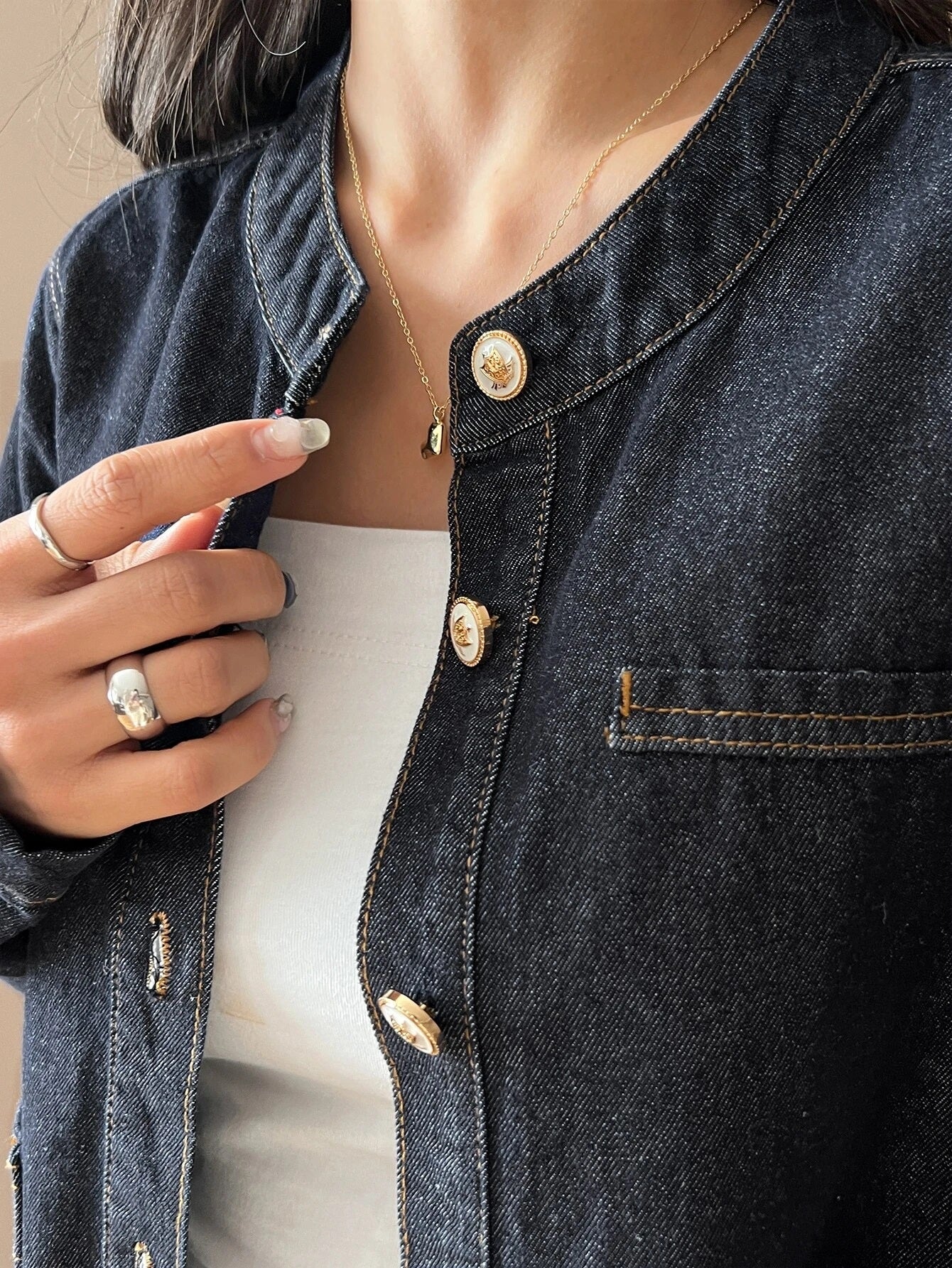 CM-SS746782 Women Preppy Seoul Style Button Front Denim Jacket With Slant Pocket Skirt - Set