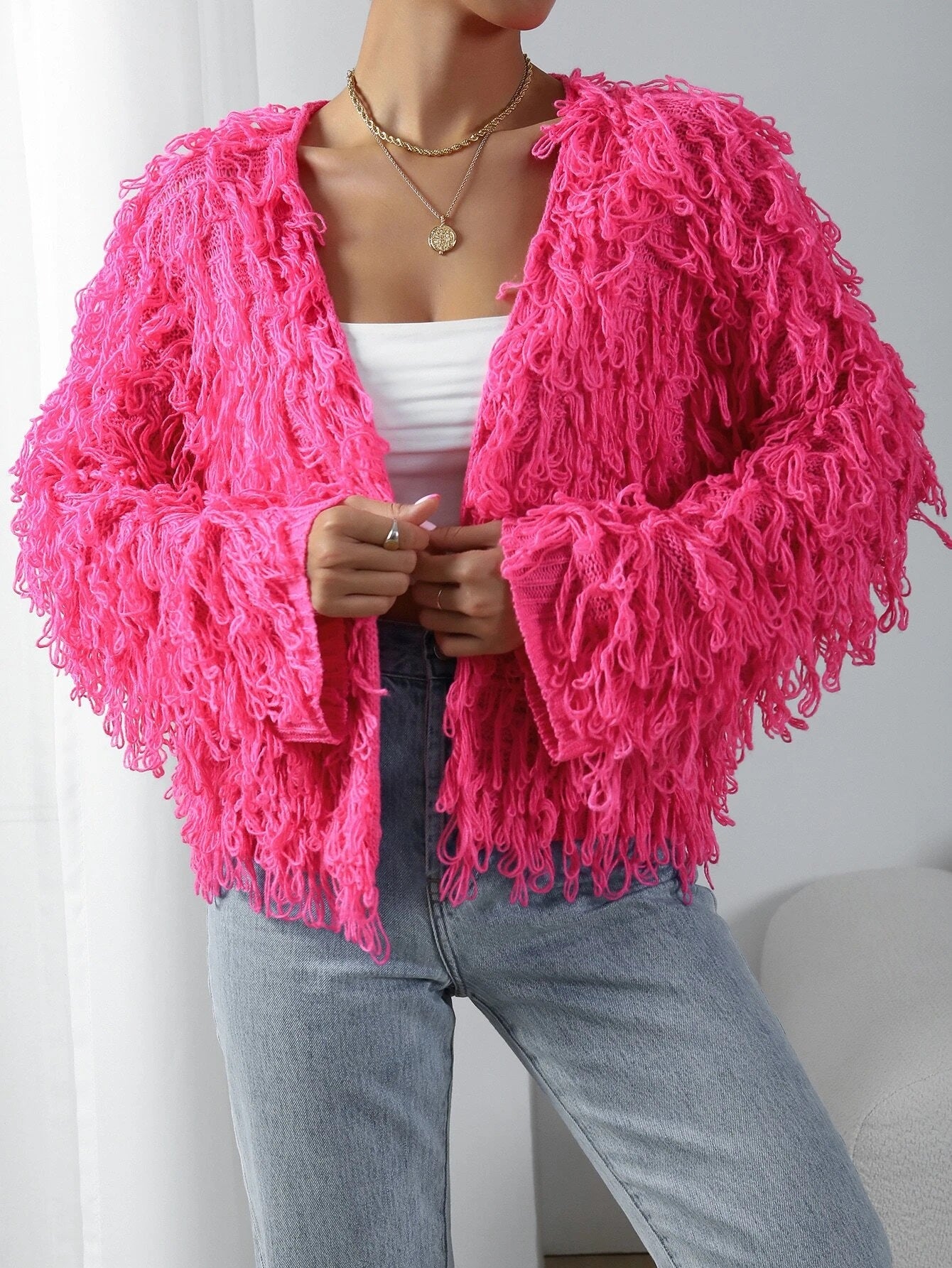 CM-CS366971 Women Casual Seoul Style Long Sleeve Shaggy Knit Duster Cardigan - Hot Pink