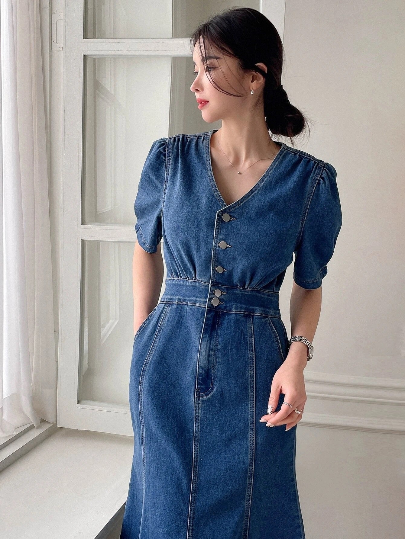 CM-DS299323 Women Preppy Seoul Style Dark Wash Puff Sleeve Button Front Denim Dress
