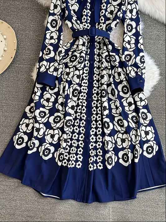 CM-DT514431 Women Elegant Seoul StyleFloral Print Collar Neckline Long Sleeve A-Line Maxi Dress - Navy Blue