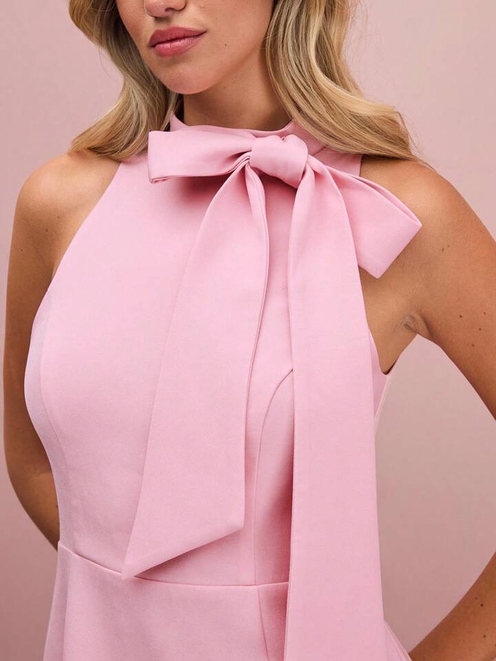 CM-DS051639 Women Elegant Seoul Style Tie Neck Sleeveless High Waist A-Line Midi Dress - Pink