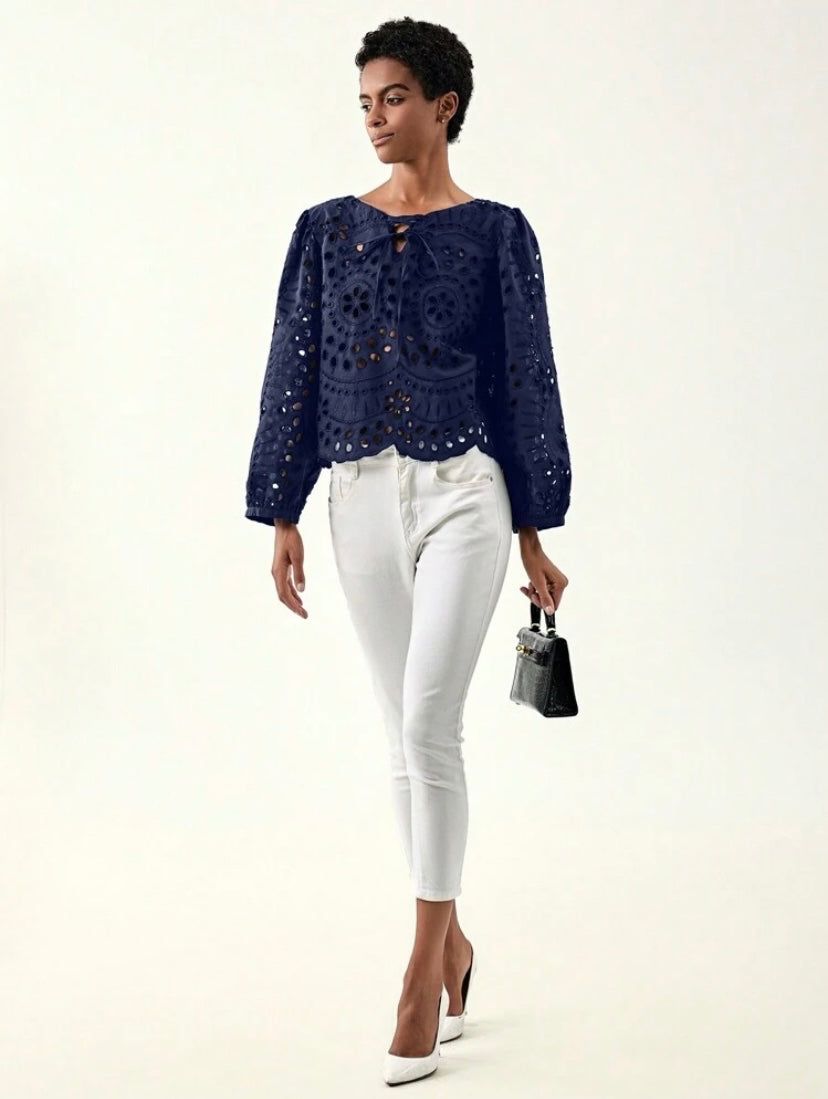 CM-TS121412 Women Trendy Bohemian Style Tie Neck Eyelet Embroidery Hollow Out Blouse