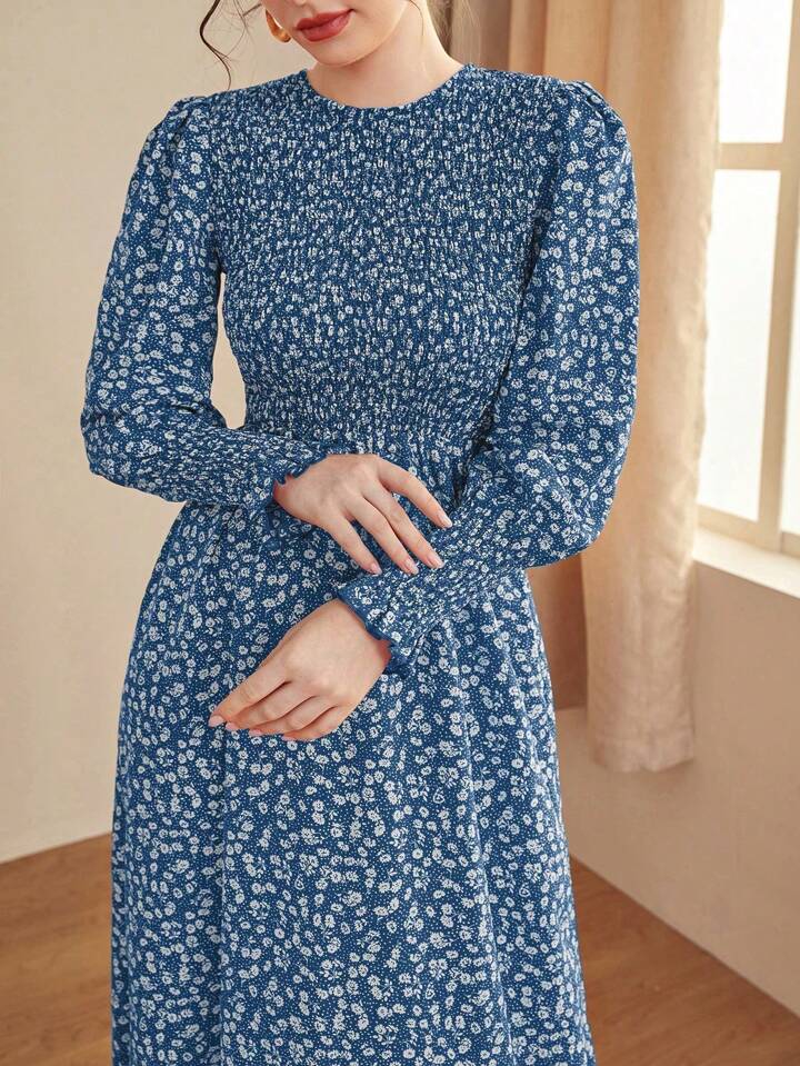 CM-DS548974 Women Casual Seoul Style Floral Wrap Around Round Neck Long Sleeve Dress