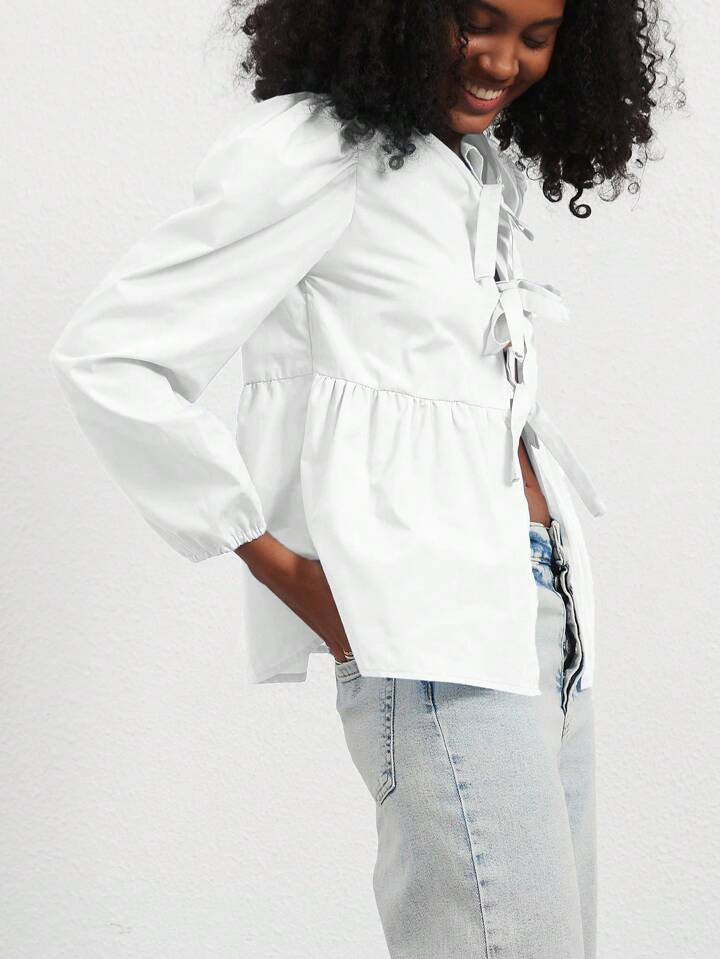 CM-TS961973 Women Casual Seoul Style Print Ruffle Hem Tie Long Sleeve Shirt - White
