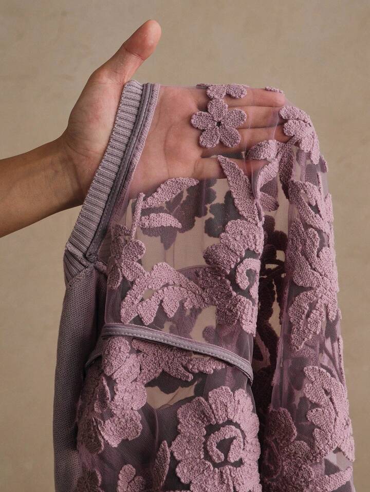 CM-TS870699 Women Casual Seoul Style Floral Mesh Round Neck Short Sleeve Knit Top - Purple
