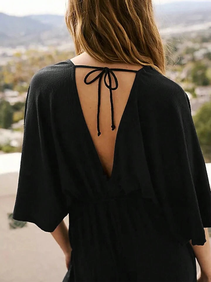 CM-JS991072 Women Trendy Bohemian Style V-Neck Tie Back Batwing Sleeve Long Jumpsuit - Black